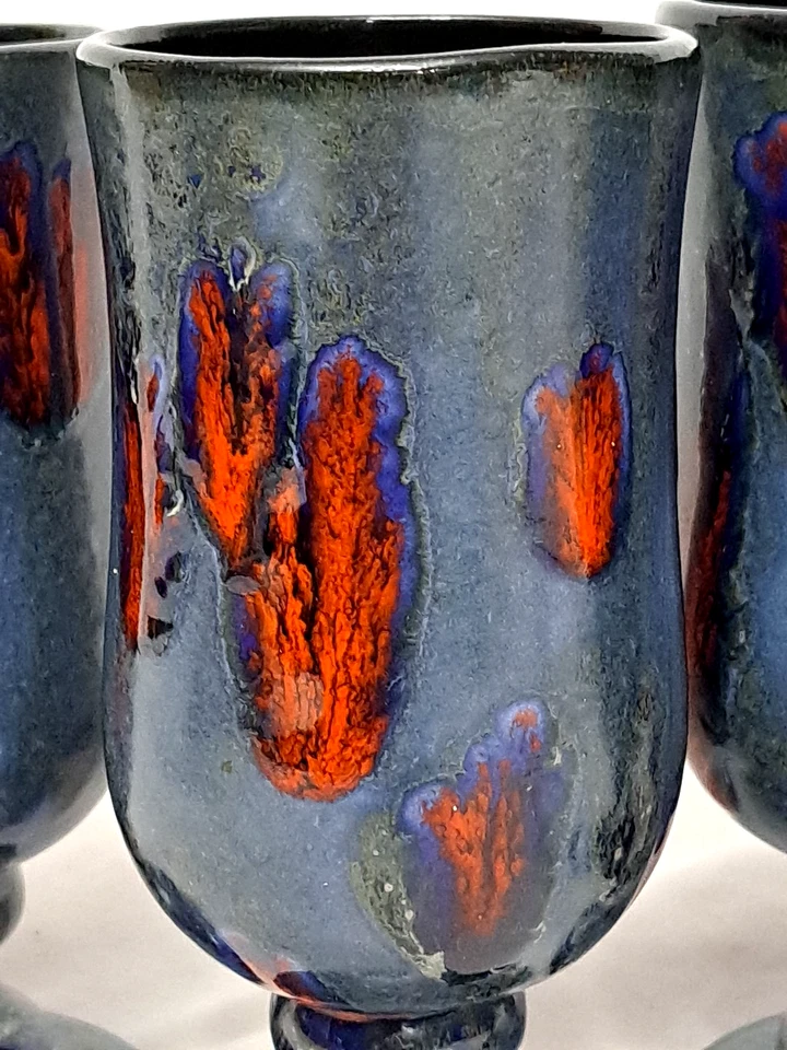 4 copas de vino de cerámica vintage lanzadas a mano rojo azul esmaltado por goteo abstracto 11 oz Foto 4 de 4