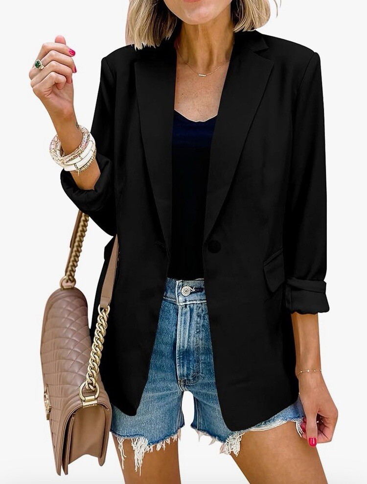 Pretty Garden Women's Casual Black Blazer Long Sleeve Open Front Button Large