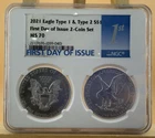 *2021 Eagle Type 1 & Type 2  $1 First Day of Issue 2-Coin Set NGC MS70