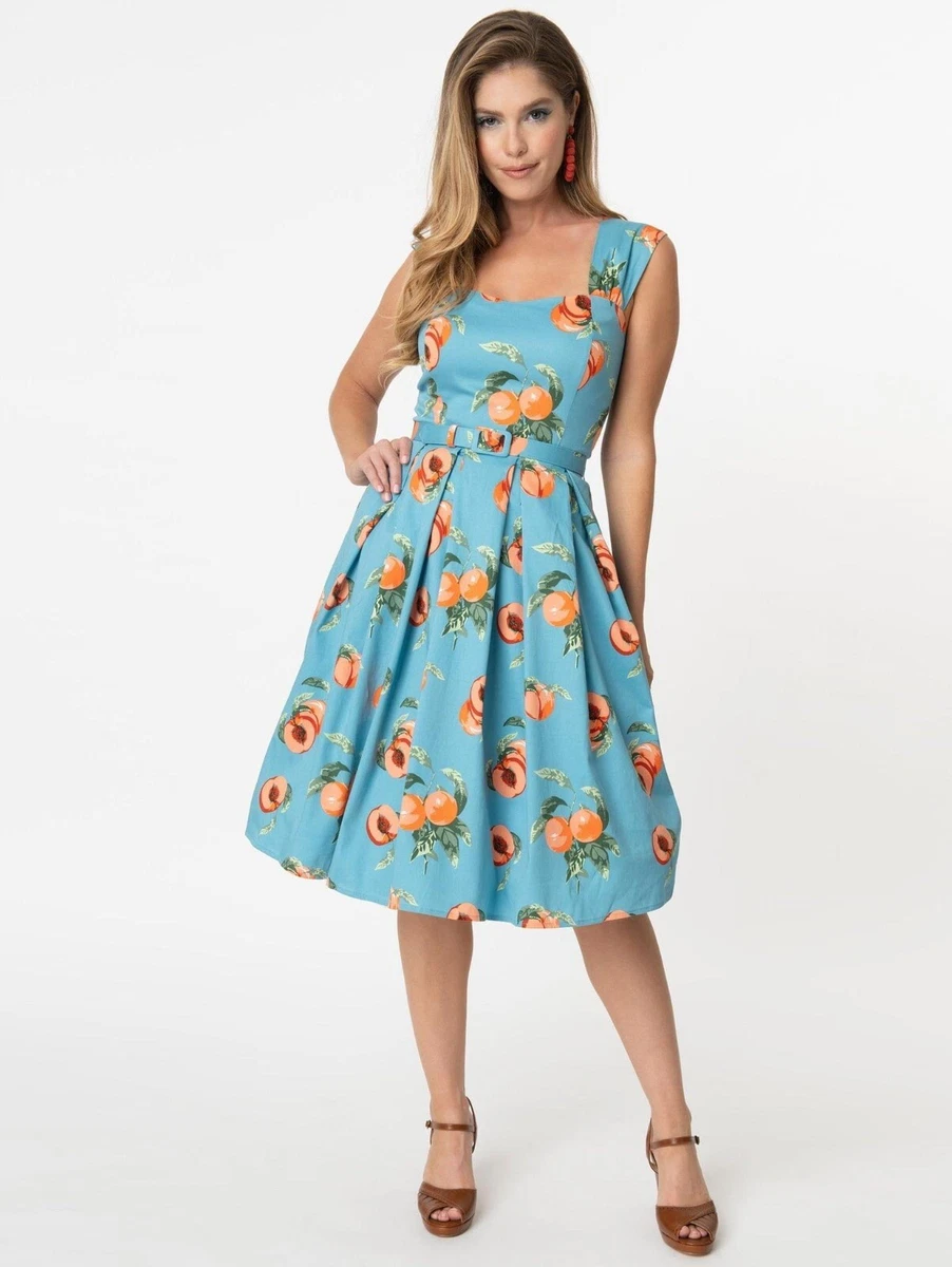 ModCloth Unique Vintage Collectif Blue Peaches Jill Swing Dress UK