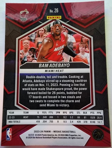 2023-24 Panini Mosaic Bam Adebayo Miami Heat #26 - Picture 2 of 2