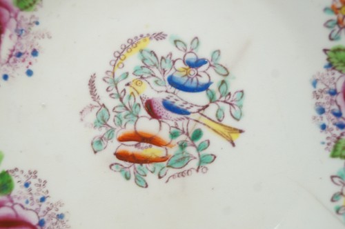 British Hand Colored Bird Pink Rose & Floral Bone China Tea Bowl & Saucer 1830 - Picture 7 of 12