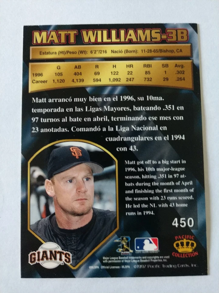 1997 Pacific Crown #450 MATT WILLIAMS San Francisco Giants - Image 2 of 2