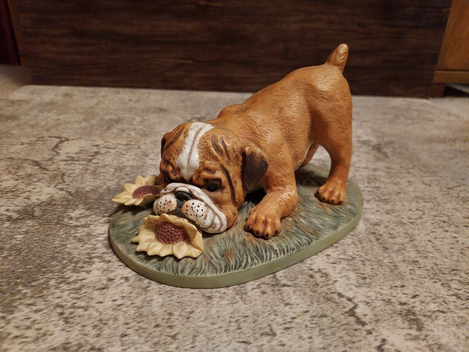 Vintage 1985 HOMCO Masterpiece Porcelain Bulldog Sniffing Sunflower Figurine