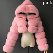 Women Furry Hooded Cropped Jacket Coat Faux Fur Top Long Sleeve Luxury Warm Red