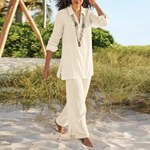 Women's Cotton Linen Suit Shirt Pants Set Long Sleeve Casual Loose Sets Summer - Picture 9 of 17