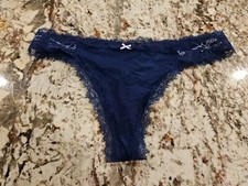 True Vintage Victoria Secret Satin  Lace Thong Tanga Panties Navy Medium