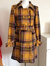 Womens Lee Cooper Double Breasted Yellow Plaid Tartan Wool Belted 3/4 Coat 10