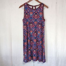 Loft Blue Red Ornate Jersey Sleeveless Shift Dress Size Medium