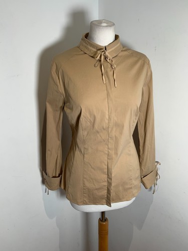 Camicia camicetta Wolford elasticizzata aderente top 14 ottime condizioni elegante marrone cammello classico bordo fiocco - Foto 2 di 10