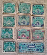 France 11 banknotes, Allied occupation 2 5 10 100 francs 1943 1944 - see others