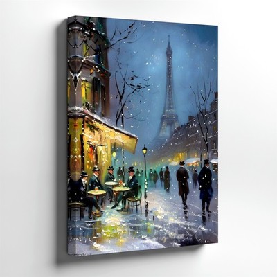 Wall Art Paris Eiffel Tower Snowy Street Cafe Oil Painting Cityscape Home Decor