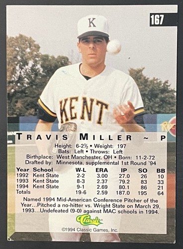 1994 Classic 4 Sport Signed #167 Travis Miller Kent State Autographed Card - Picture 2 of 2