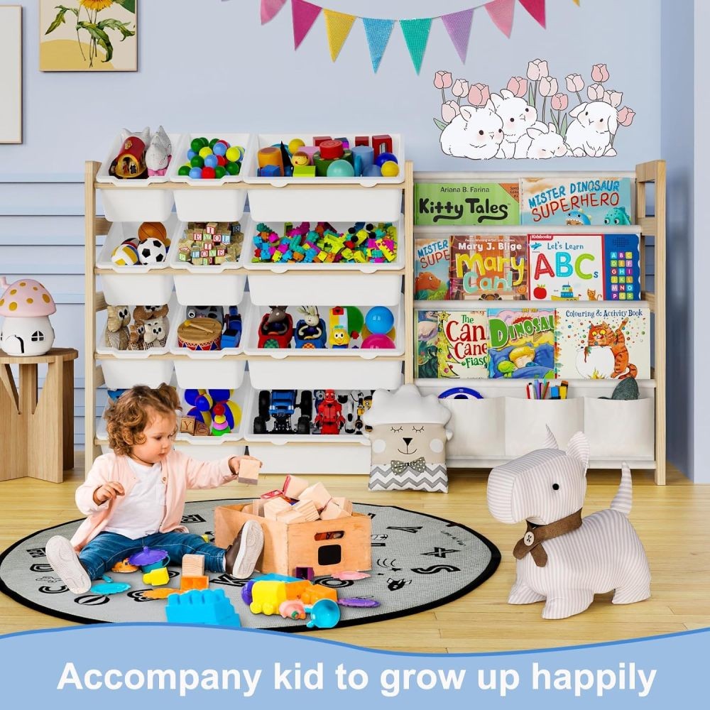 Kids Large Toy Storage Organizer,with 4 Tier Bookshelf for Playroom Nursery Room