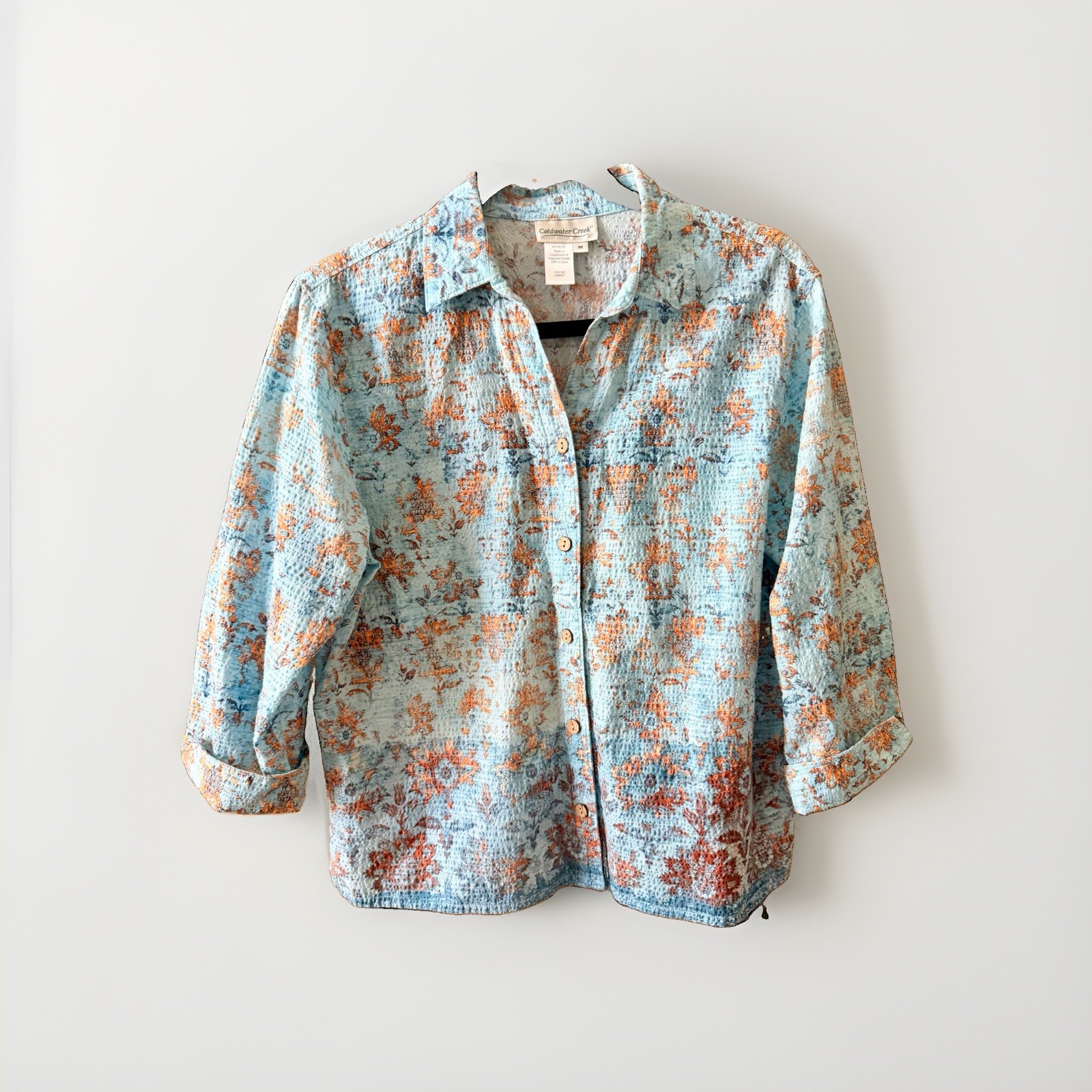 Coldwater Creek Women's M Woven Cotton Blue/Orange Floral Collared 3/4 Blouse