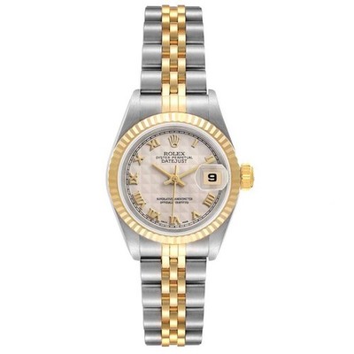 Ladies Rolex 26mm Datejust Two Tone 18K Gold / Steel Watch w/Ivory Pyramid Dial.