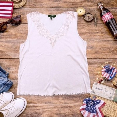 Wms Y2K Plus Size Tank Top Pink Lace Trim V-Neck Coquette Lauren Ralph Lauren 2X
