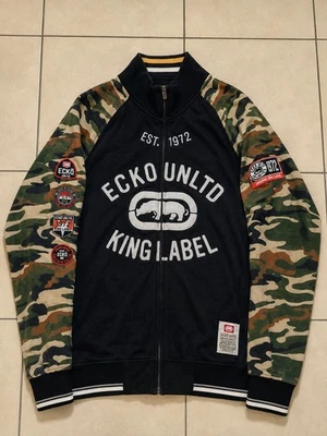 Ecko Unltd. Sweatshirt zippé XL noir manches camouflage logo écussons poches - Photo 1/4