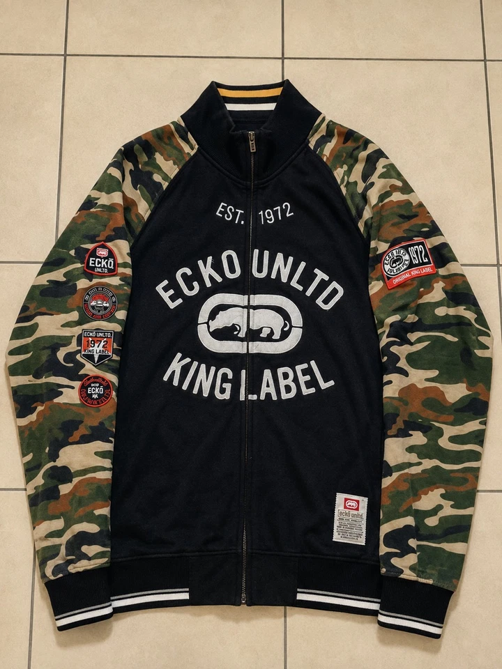 Ecko Unltd. Sweatshirt zippé XL noir manches camouflage logo écussons poches - Photo 1/4