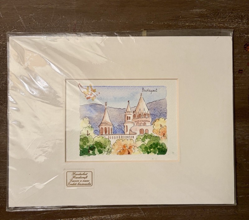 Handmade watercolor souvenir painting Fisherman's Bastion Budapest Hungary