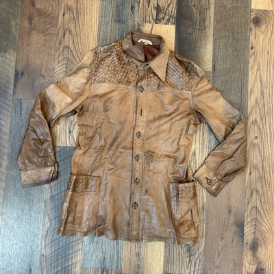 VTG Neiman Marcus Mens Leather Jacket Made in Italy Woven Yoke Pockets Brown 54