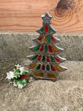 Vintage Stain Glass Christmas Tree Candle Holder Metal Votive 7  tall
