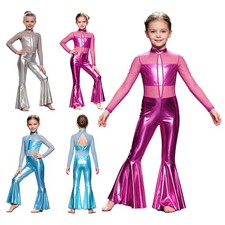 Girls Bell-bottom Jumpsuit Gymnastics Metallic Unitards Shiny Latin Bodysuit
