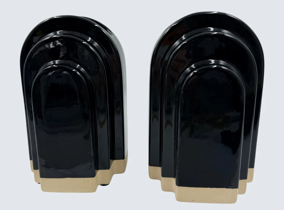 Pair Black Ceramic Art Deco Revival Stepped Vases by Decor USA - Image 2 of 4