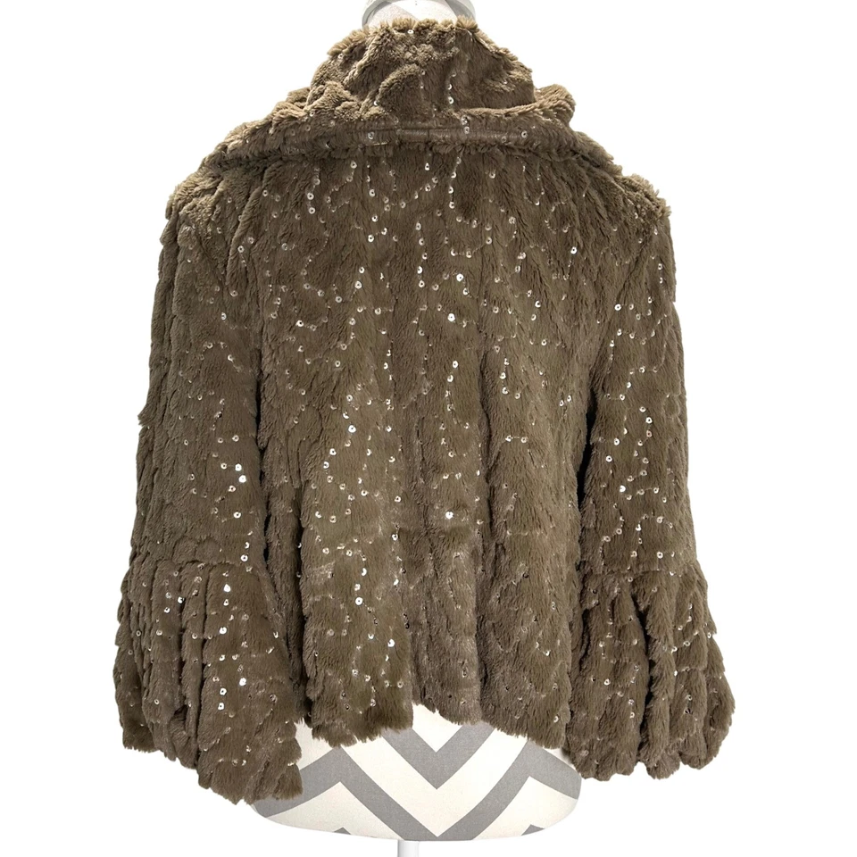 Chaqueta de lentejuelas de piel sintética Ariella recortada marrón con botones abrigo bolero para mujer L Foto 2 de 4