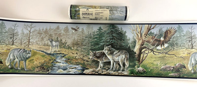 Imperial Wallpaper Border~FM8751B~Forest-Wolves-Eagle Design~Rustic~Cabin~USA