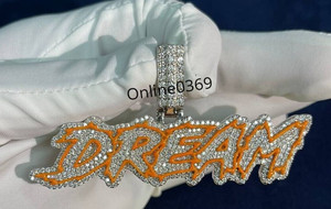 Authentic White Gold Plated Silver Natural Moissanite Men's Enamel "DREAM" Custom Pendant