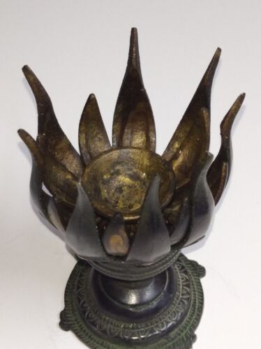 Antique Bronze Candle Holder Opens and Folds as Lotus Flower Tortoise Base 11 cm - Picture 5 of 15
