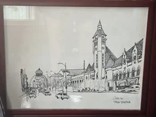 Vintage Union Station St. Louis Architecture Drawing Mid Century Signed 11”x14”