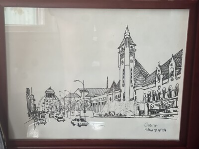 Vintage Union Station St. Louis Architecture Drawing Mid Century Signed 11 x14 