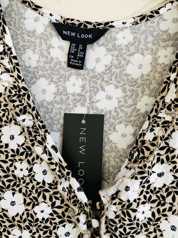 NEW LOOK Top Uk10 Taupe/Black/White Floral Sleeveless Frill BNWT RRP £22.99 - Image 2 of 4