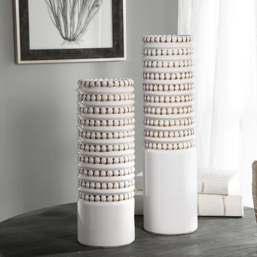 MidCentury Modern Beaded Aged White Vase Set 2 Taupe Ribbed Retro Tall Cylinder - Picture 2 of 3