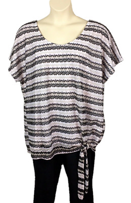 Salon Studio Blouse Top Plus Size 3X Lacey Overlay Striped Short Sleeve Tied Hem