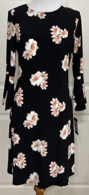 NWT Tommy Hilfiger size 2 black peach floral A-Line 3/4 Bell Sleeve slinky Dress