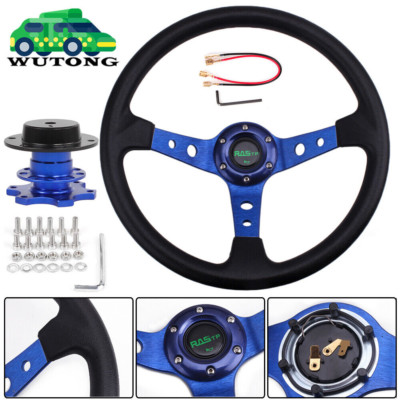 14'' 350mm Deep Dish Racing Steering Wheel w/ Quick Release Adapter Snap Off Kit