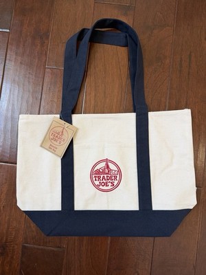 Trader Joe's Canvas Reusable Shopping Bag Foldable Navy Blue Beige Red  