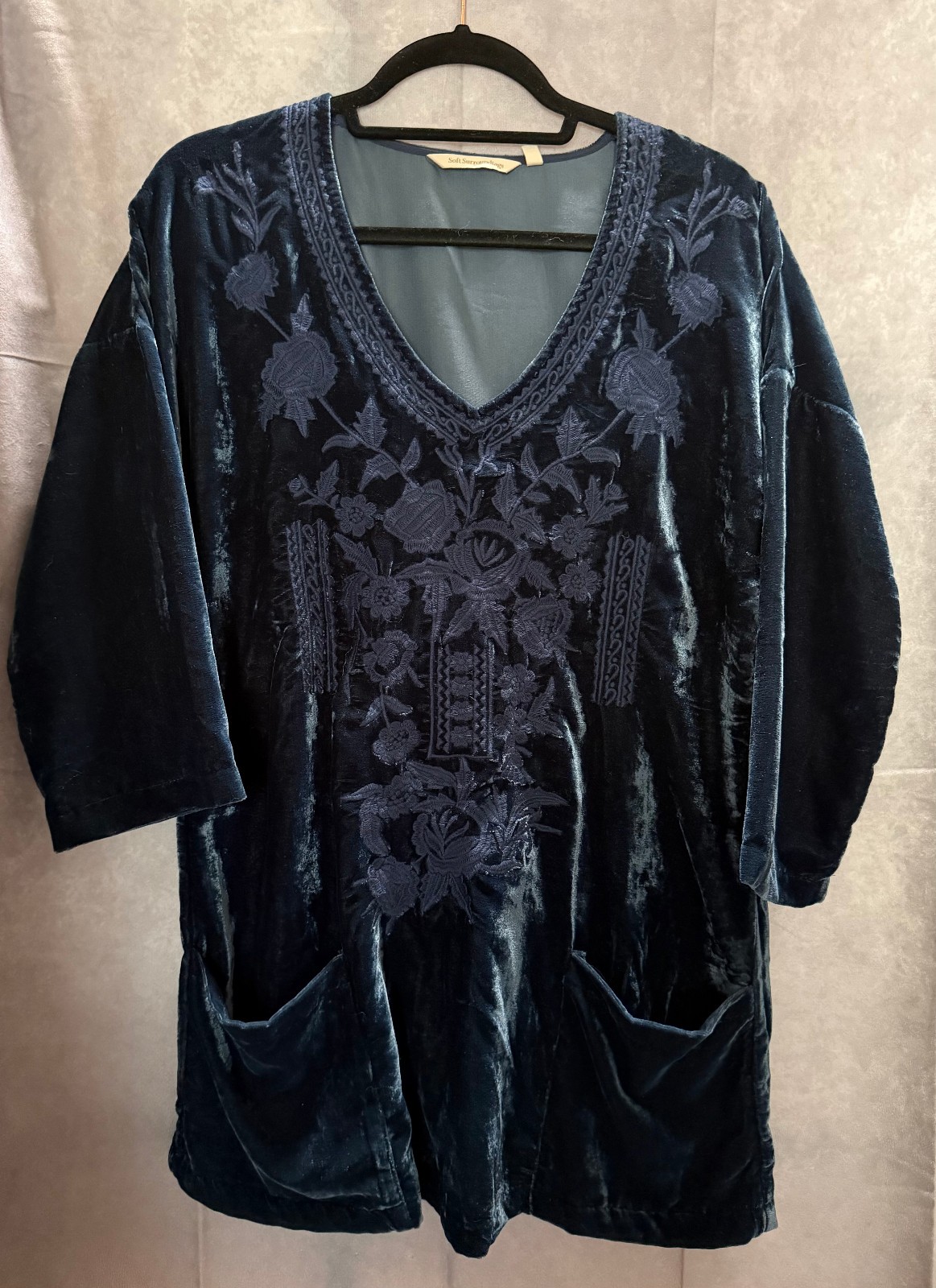 Soft Surroundings Velvet Embroidered Tunic Dress Navy Blue Women’s Small