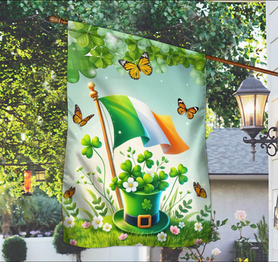#ad Leprechauns Hat Shamrocks and Ireland Flag Happy St. Pat House Flag Garden Flag $27.10