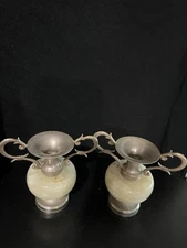 Vintage Pair Of Small Onyx Pewter Bud Vases