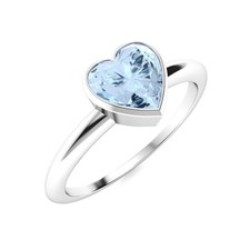 925 Sterling Silver Heart Aquamarine Gemstone Solitaire March Birth Ring