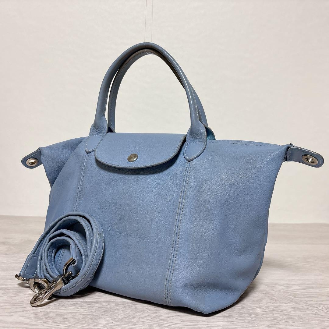 Excellent condition Longchamp Le Pliage All Leather 2way Bag Blue Logo 12a