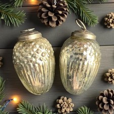 VTG Kugel Ornaments Set x2 Silver Mercury Glass Acorn Shape Heavy Thick Glass