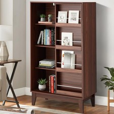 4-Tier Open Shelf Bookcase with Sliding Door,Wide Bookshelf with Magazine Racks