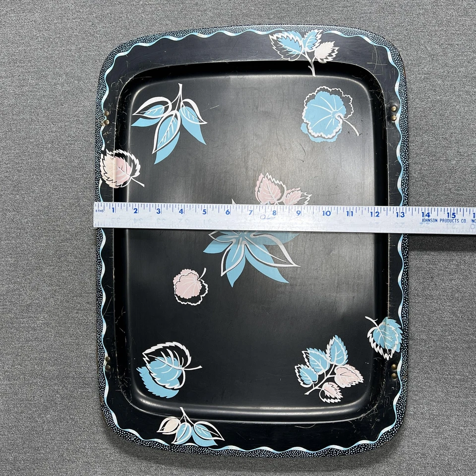 Vintage Metal Folding TV Trays Set of 4 Black Blue Leaf Floral MCM Snack Tables - Image 3 of 4