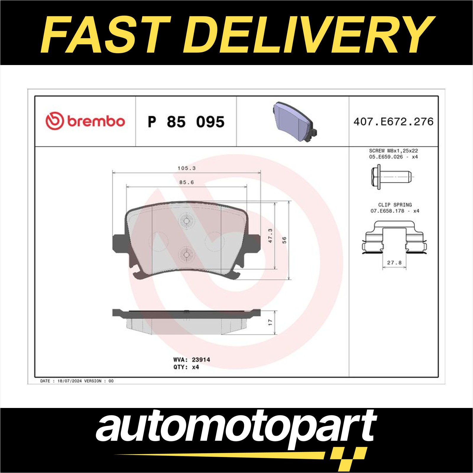 Brembo Brake Pads Set Rear P85095X 1K0698451B 1K0698451E 1K0698451K 3C0698451A