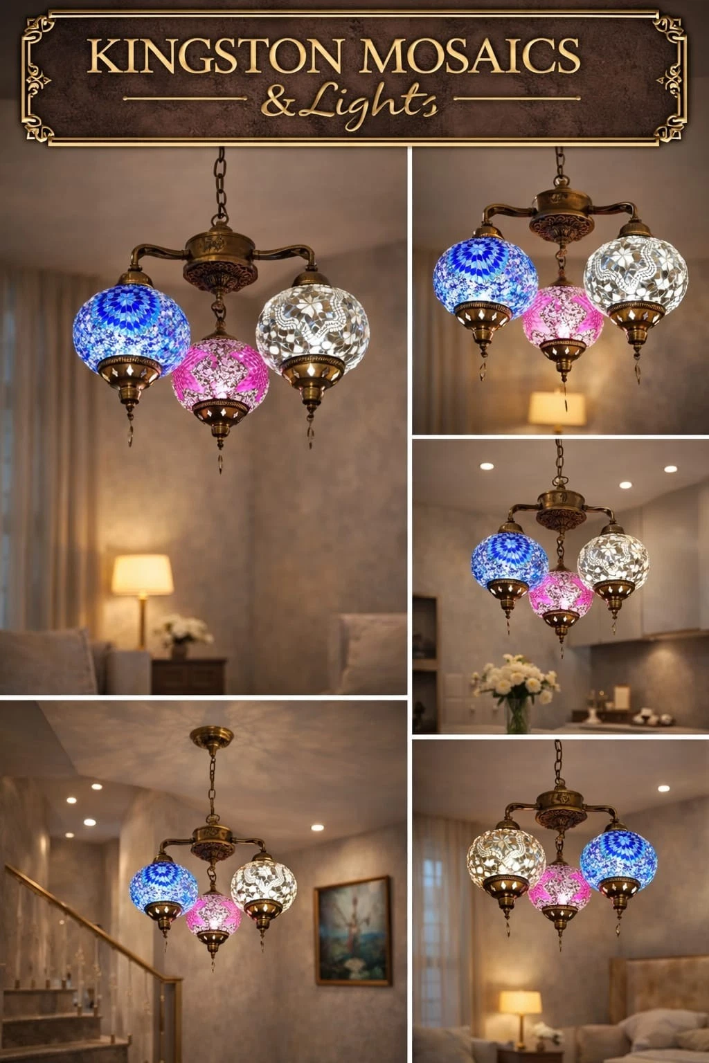 Luxury Turkish Mosaic 3-Light Chandelier Ceiling Pendant | Handcrafted Glass - Picture 1 of 3